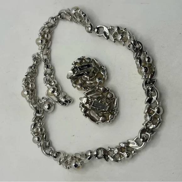 Crown Trifari pat pending faux pearl silver tone rhinestone necklace & earrings